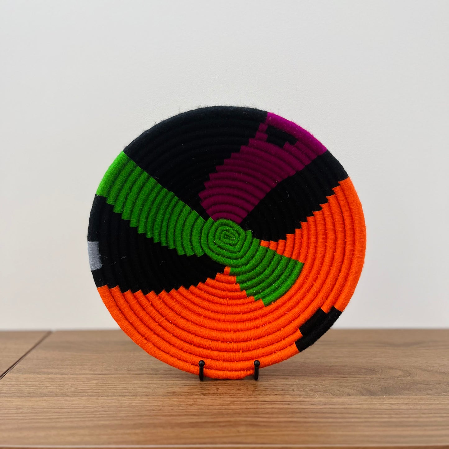 Medium Wool Bowl — Pinwheel in Ebony & Tangerine